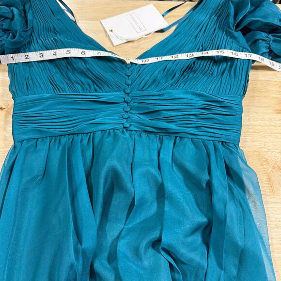 Mac Duggal NWT Teal Chiffon Ruched Tiered Puff Sleeve A Line Maxi Dress Size 6 - Picture 6 of 8